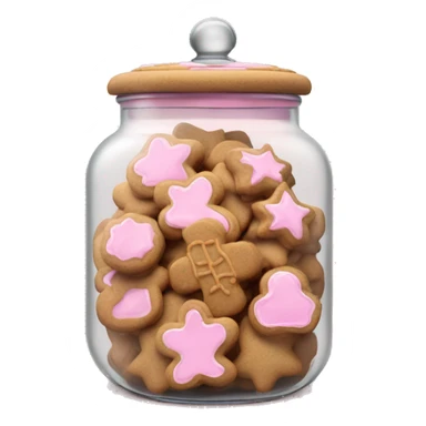 Realistic glass cookie jar with light pink lid full of gingerbread cookies isolated.  sticker