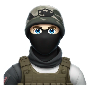 White male, call of duty black mask, camo tactical gear, combat boots, black beanie, blue eyes sticker