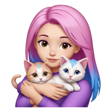 beautiful woman with pink straight hair with purple & blue tips and brown eyes hugs a kitten sticker