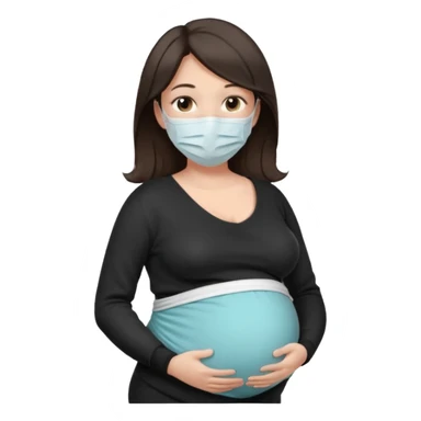 a pregrant lady with dark brown hair? Hair lengt above shoulder, wearing medical face mask, i wanna see the pregnant belly with black sweater sticker