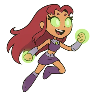 Starfire from Teen Titans Go, cartoon style, floating, long red hair, purple outfit, green eyes glowing sticker