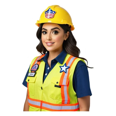  Charli D'Amelio is a construction worker wearing a patriotic dress with a neon yellow safety vest over the dress. she also has a hard hat and a patriotic patch on the vest sticker