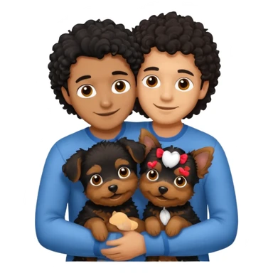 Young man with little brown skin, black curly hair, cheerful dark brown eyes, hugging two yorkie of long hair  sticker