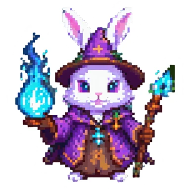 adolescent wizard bunny casting a spell with glowing effects, pixel art style sticker