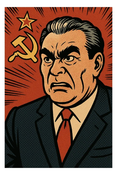 Soviet leader brezhnev looking angered with the communist flag in the background sticker