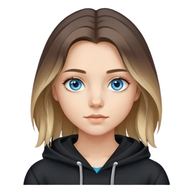 girl with blue eyes, shoulder-length hair with balayage highlights, wearing a black hoodie sticker