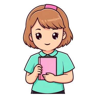 A girl with short light brown hair holding a pink book, wearing a mint shirt sticker