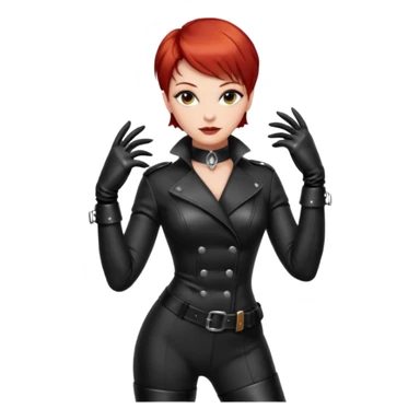 capelli corti di colore rosso, tagliati leggermente sopra le spalle e con una chioma piena e ben curata. Ha la carnagione chiara, Ha lo sguardo fiero e sicuro di sé ed una personalità dominante ed un abbigliamento da mistress con guanti e stivali in pelle sticker