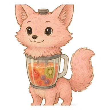 premium Ghibli-style pastel pink fox as a blender, soft fluffy fur, transparent body showing colorful realistic smoothie inside, big sparkling eyes, gentle happy face, full-body, highly detailed sticker