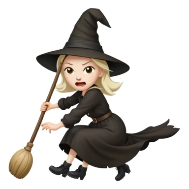 angry faced witch flying on a broom sticker