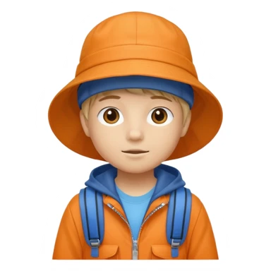 A little student with beige bucket hat, orange jacket, blue backpack sticker