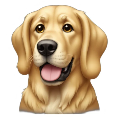 big blonde dog with half-floppy half-upright ears and a black face sticker