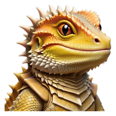 Cinematic Noble Bearded Dragon Portrait Emoji, Poised and regal, with a robust, angular build and a textured, scaled hide in earthy olive and sandy tones, a prominent spiky 'beard' beneath its chin and a keen, alert gaze, Simplified yet sharp and sophisticated features, highly detailed, glowing with a soft, dignified glow, high shine, intelligent and fierce, stylized with an air of desert majesty, focused and attentive, soft glowing outline, capturing the essence of a watchful and commanding reptile, so majestic it feels as though it could scuttle out of the screen with effortless authority! sticker