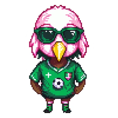flamingo soccer player wearing sunglasses and a black and green jersey sticker
