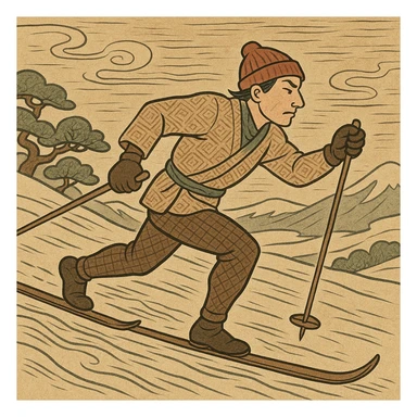 stylized cross-country skier, ukiyo-e style, dynamic movement, subtle color palette, traditional patterns sticker