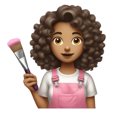 Curly-haired brunette girl painter in artist's costume and paint stains on her pink overalls with a brush and a paint palette in her hand sticker