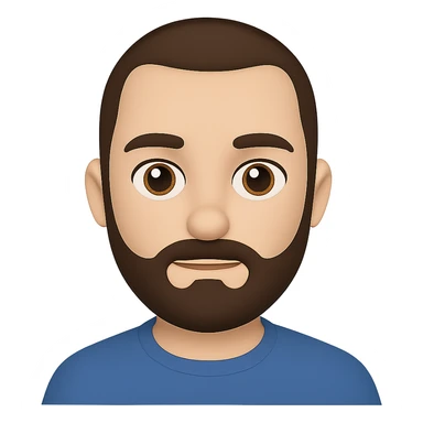 Edit the image to depict a man with less hair, shorter beard, brown hair and beard, in the style of Apple emojis with transparent background. The style is Apple emoji style. sticker