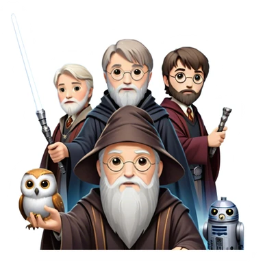Icon for Fantasy and Sci-Fi Movies: Collage featuring Harry Potter with his wand, Dumbledore, Luke Skywalker with a lightsaber, and futuristic robots. Background with a magical planet, Hogwarts, flying owls, and spaceships. Epic and magical atmosphere. Transparent background. sticker