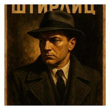 Штирлиц in a vintage spy movie poster style, dramatic lighting sticker