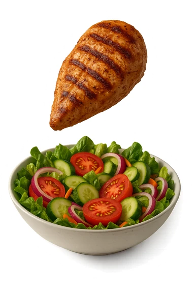 INSALATA CON PETTO DI POLLO GRIGLIATO CHE CADE DALL'ALTO, IPERREALISTICO 4K sticker