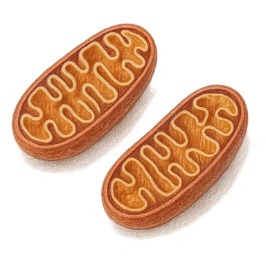 realistic colored drawing of mitochondrial biogenesis step 4: two mature and functioning mitochondria, visible texture on white paper, isolated on white background sticker