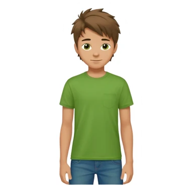 A 14 yerar old teenage boy, slightly tanned, wearing a green tshirt, blue jeans and green sneakers with brown tousled hair, smirking sticker