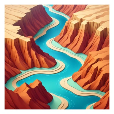 Brown and beige and red-orange canyon, 3D isometric realistic, with blue-green river sticker