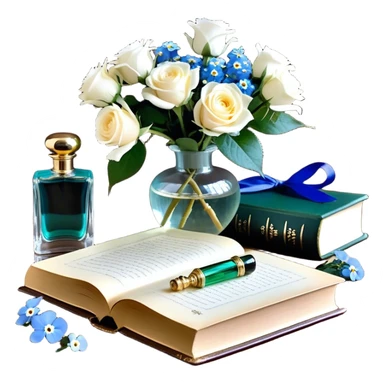 A tender and romantic arrangement of a vintage glass perfume bottle with a golden cap, placed next to a silk-bound book of poetry, with white roses and blue forget-me-nots artfully scattered around.
 sticker