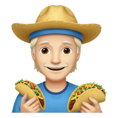 man holding taco with long white hair and cap sticker