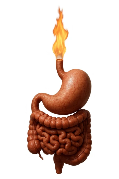 intestino e stomaco sono collegati, con una fiamma che brucia sopra, iperrealistico 4k, non disegnato sticker
