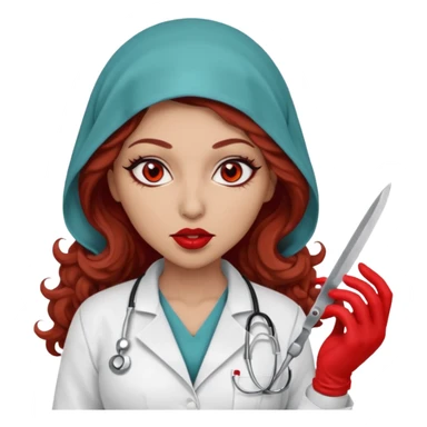 Scary woman scalpel in hand, evil surgeon sexy surgeon clothes.  She has red eyes. Her  brown long curly hair. Wears sexy doctor outfit with red gloves. make her hair free and brown but she  wear mouth cover   to hide. Wears white surgeon jacket and hijab cover lips  sticker