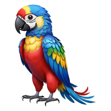cinematic-macaw-realistic-full-body-standing-emoji,-vibrant-feathers-glowing-with-rich-reds,-blues,-and-yellows,-head-tilted-dramatically,-curved-black-beak-gleaming,-piercing-dark-eyes-exuding-confidence,-simplified-yet-realistic-focused sticker