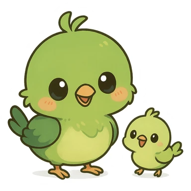 green chibi anime bird with a tiny friend, both cute and playful, chibi anime style sticker