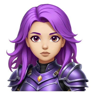 A mysterious warrior girl with flowing purple hair, dressed in black armor. sticker