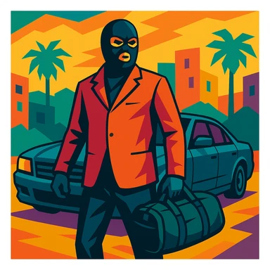 GTA5 style character, masked, holding a duffel bag, standing in front of a getaway car, vibrant toon style sticker