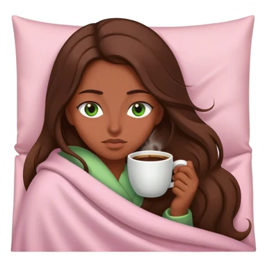 woman with very long brown hair and green eyes in a light pink blanket sleepy with coffee sticker