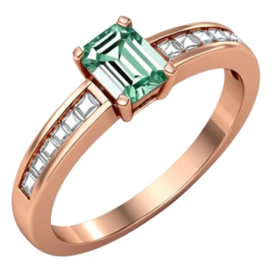 A rose gold, emerald cut diamond engagement ring. The band is a half eternity band sticker