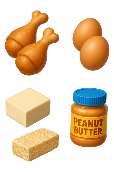 EMOJI STILE IPHONE DI
 uova, pollo, tofu, tempeh, burro di arachidi
, fluttuano in aria REALISTICA 4K sticker