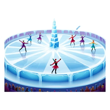 An icon of a theatrical ice show with costumed figure skaters performing a dramatic scene on a glowing ice stage. Spotlights, colorful scenery, and a cheering audience in a grand arena convey the magic and artistry of the ice performance. Transparent background included. sticker