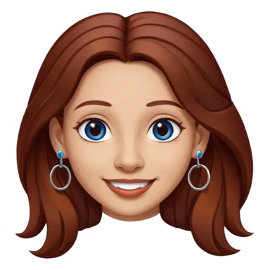 Create a custom emoji-style character inspired by a smiling woman with long dark reddish-brown hair, light skin tone, dark blue eyes, a nose piercing on each nostril, and hoop earrings. sticker