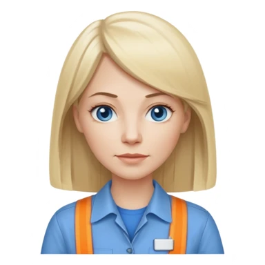 40 yr old white woman, pale skin, long straight blond hair parted in center, blue eyes, bangs, clothes for work sticker