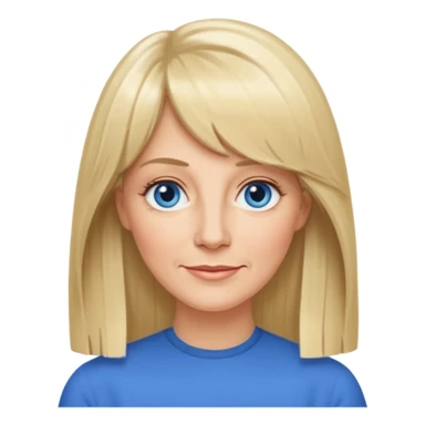 50 yr old white woman, curtain bangs, very long straight blond hair, oval face, small smile, blue eyes, thin face, hair down to elbows sticker