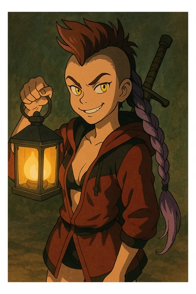 A sword maiden, mohawk, long braid with lavender tips hair, gold yellow eyes, blood red and black revealing hoodie, brandishing a lantern. Mischievous smirk sticker