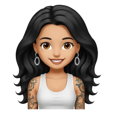 a pretty tan bratz girl with long wavy black hair, wearing a white tank top. with full tattoos sticker