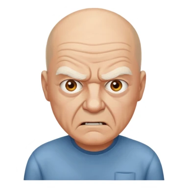 a portrait of angry elderly man, bald head, wearing shirt sticker