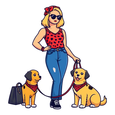 stylish woman in leopard print sleeveless top, flared jeans, sunglasses, black bag, squatting next to happy golden retriever with red bandana and blue leash, urban brick wall background, side angle sticker