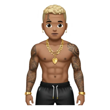 Chris Brown with black sequin baggy pants, shirtless with necklace sticker
