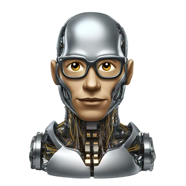 Male cyborg head with metallic plated face, flat top, glasses and circuits sticker