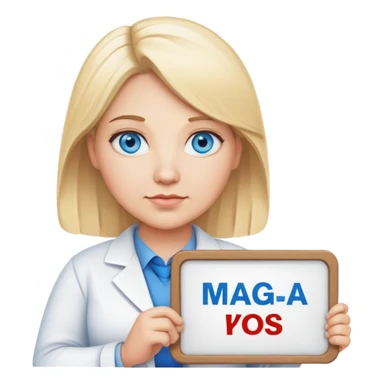 blonde blue eyes science teacher chubby holding a sign that says “maga” sticker