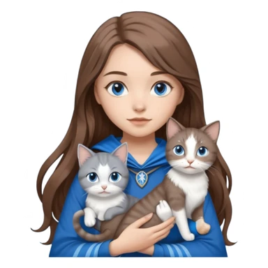 gorgeous Girl with light skin, blue eyes, long brown hair, wears a ravenclaw outfit, with a grey and white cat holding in her arms sticker